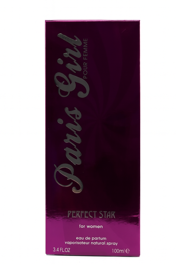 Parfum packaging of 'Paris Girl' with a purple and pink gradient on a white background